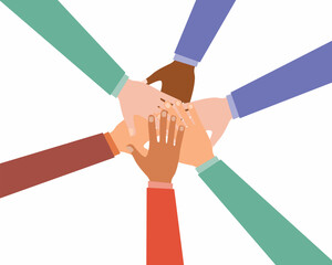 stack of hands showing unity and teamwork top view vector illustration