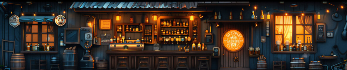 Warmly lit vintage pub exterior at night, showcasing a charming atmosphere with wooden barrels, signage, and illuminated windows. Generative ai raster illustration. Pop art comic book style imitation.