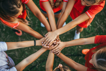 Smiling young female soccer players joining hands in unity on the field during sunset.