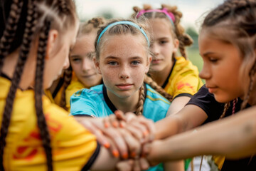 Smiling young female soccer players joining hands in unity on the field during sunset.