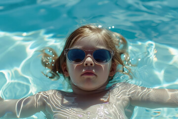 Fototapeta premium little girl with sunglasses enjoying summertime in a shimmering pool
