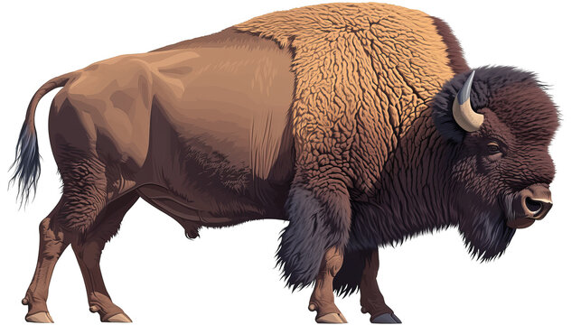 Illustration of an American bison with detailed fur and muscular body, standing against a white background. Perfect for wildlife and nature themes.