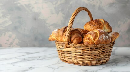 various breads and croissants in a basket on a white background, with professional color grading, soft shadows, and no contrast.
