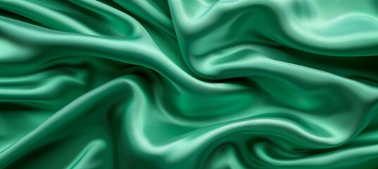 Fototapeta premium Luxurious green silk fabric with abstract wavy texture for elegant drapery background