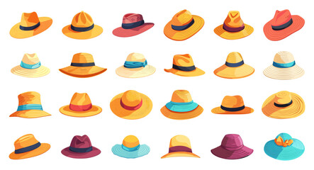 Cartoon Different Beach Hats and Sun Hats Icon Set. Hat, Beach, Sun, Summer, Vacation, Holiday, Headwear, Straw, Cap, Visor, Wide-Brimmed, Fashion, Accessory, Protection, Simple, Cartoon