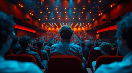 A captivating shot of an audience from behind, focused on a film in a cinema with red seats and ambient lighting