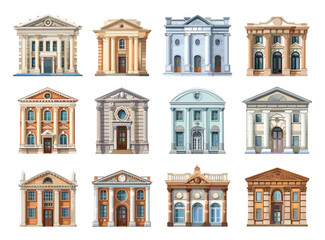 Fototapeta premium Cartoon Different Facades of the Banks Buildings Icons Set. Vector Cartoon Style. White Background. Financial Institutions Architecture Business Cityscape Real Estate Illustration