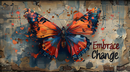 Urban artwork featuring stylized butterfly emerging from a cocoon with the words Embrace Change in dynamic lettering symbolizing transformation and growth