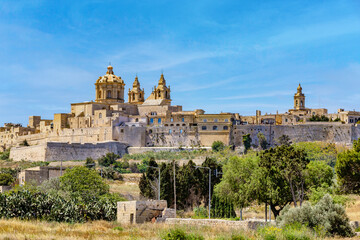 The fortified medieval city Mdina, the Silent City with ancient walls and bastion defenses. Malta travel destination.