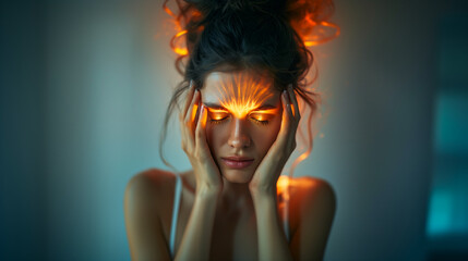 Woman focusing intensely with glowing forehead, representing telepathic abilities.