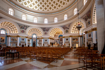 Interior of the monumental parish church of St Mary dedicated to the Assumption of Our Lady, known as the Mosta Rotunda or Mosta Dome, Cultural heritage of Malta