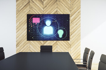 Social network concept on presentation screen in a modern conference room. 3D Rendering