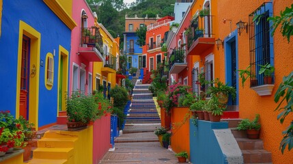 Fototapeta premium Striking image of a colorful Mexican street with bright houses and a steep staircase in the vibrant neighborhood