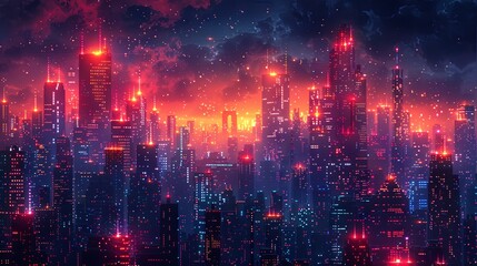 Obraz premium Stunning futuristic cityscape with neon lights and a dramatic cloudy sky at night