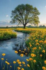 A picturesque view of a tree by a stream amid fields of blooming yellow flowers under a sunrise sky