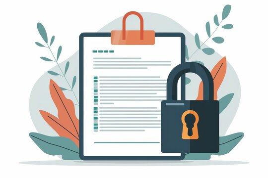 Document with padlock, highlighting secure information management and data protection in a professional and organized workspace.