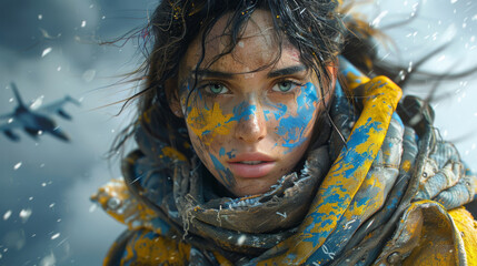 Woman with blue and yellow face paint and tattered clothing standing in war torn street. Sorrow. Anger. Depressed. Despair. 