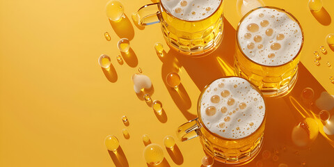 three glasses of beer placed on a yellow surface The glasses are full, and the beer has a thick head of foam The glasses are different sizes, and there are many bubbles in the bee