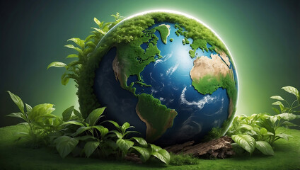 World environment day, A green globe representing Earth, partially covered with vibrant green leaves, symbolizing nature and environmental sustainability