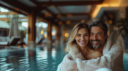 A smiling couple wrapped in bathrobes embraces and relaxes at a luxurious indoor pool in a wellness resort