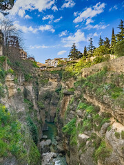 Mountain gorge with lush tree growth in Andalusia landscape, Ronda, Spain