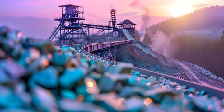 Gold mining plant with conveyor belt and ore rocks shallow depth of field. Concept Industrial, Mining Plant, Conveyor Belt, Ore Rocks, Shallow Depth of Field