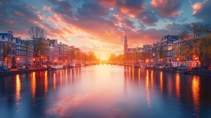 Fototapeta premium Vibrant sunset over a scenic Amsterdam canal with reflections in the calm water