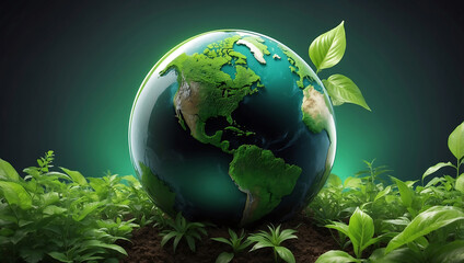 World environment day, A green globe representing Earth, partially covered with vibrant green leaves, symbolizing nature and environmental sustainability