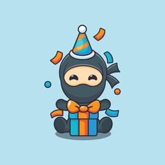 Cute ninja in birthday party cartoon vector illustration