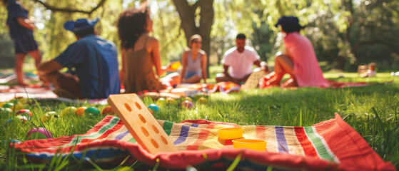 Corn hole game at a summer picnic, diverse group of friends, vibrant picnic blankets, and food in the background, isolated on white background with copy space