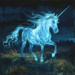 Glowing Unicorn in Dark Night. Generative AI.