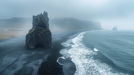 Dramatic view of tall seaside cliffs and sea stacks amidst foggy conditions on a black sand beach - Powered by Adobe