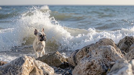 Tiny Pup Ponders Oceans Majesty on Rocky Shore