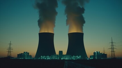 Nuclear Power Plant Towers at Sunrise Over Misty Field