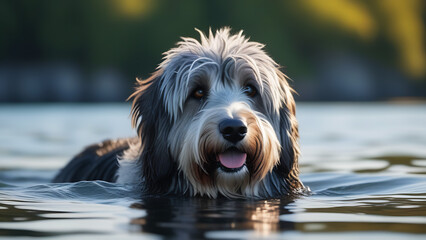 Wet shaggy dog in the water.
