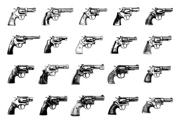 Doodle Style Antique Pistols and Revolvers Icon Set. Antique, Pistol, Revolver, Gun, Firearm, Vintage, Old, Weapon, Handgun, Historic, Firearms, Retro, Weaponry, History, Collectible, White Background