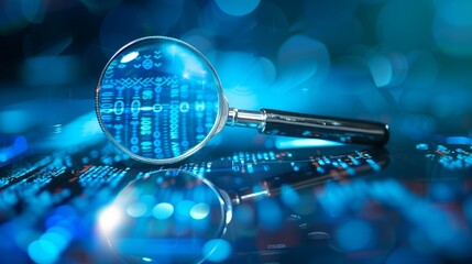 A magnifying glass over blue background with digital data and graphs.