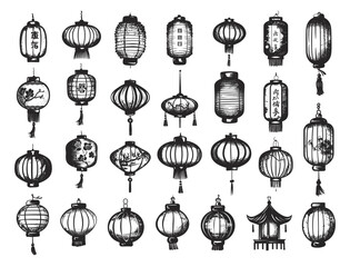 Naklejka premium Doodle Style Chinese Festival Paper Lantern Icon Set. Chinese, Festival, Lantern, Paper, Celebration, Traditional, Culture, Asian, Decoration, Decor, Hand Drawn, Sketch, Drawing, Simple, Low Details