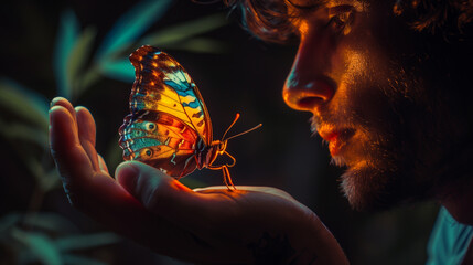 A man delicately holds out his palm, upon which rests a vibrant, multicolored butterfly radiating ethereal lights, symbolizing the beauty and wonder of transformation and enlightenment.
