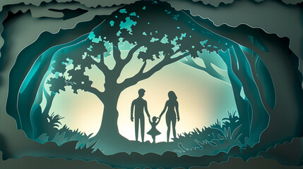 Family tree silhouette cut out of paper, with a man, woman, and child holding hands, set against a serene blue background, evoking a sense of unity and connection through simple design.