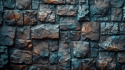 Fototapeta premium Close-up view of weathered stone wall with rough texture and varied stone sizes, ideal for backgrounds or architectural designs.