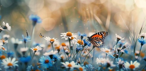 Beautiful spring meadow with wild flowers daisies and blue cornflowers