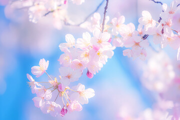 Delicate pink cherry blossoms in full bloom against a soft blue sky in spring
