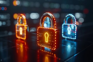 Neon padlocks on a digital surface illustrating modern data security and privacy protection in a high-tech environment.