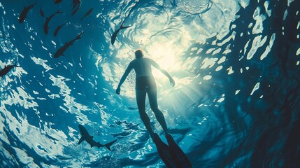 Silhouette of a person swimming underwater with sunrays piercing through the surface and fish swimming around, creating a serene diving scene.