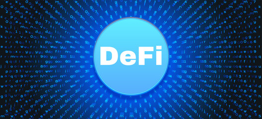 DeFi Decentralized Finance banner for cryptocurrency, blockchain.