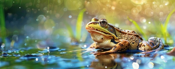 A close-up of a frog sitting on a wet surface with bokeh background, capturing nature, wildlife, and the beauty of amphibians in their environment.