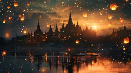 Fototapeta premium A magical night scene with sky lanterns illuminating the water and an intricate temple silhouette against a beautiful twilight sky.