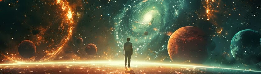 A lone figure stands on an alien landscape, gazing at a vibrant and surreal cosmic scene with colorful planets and swirling galaxies.
