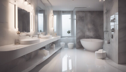 Fototapeta premium hotel bathroom, white glossy color, interior design, ad shot 